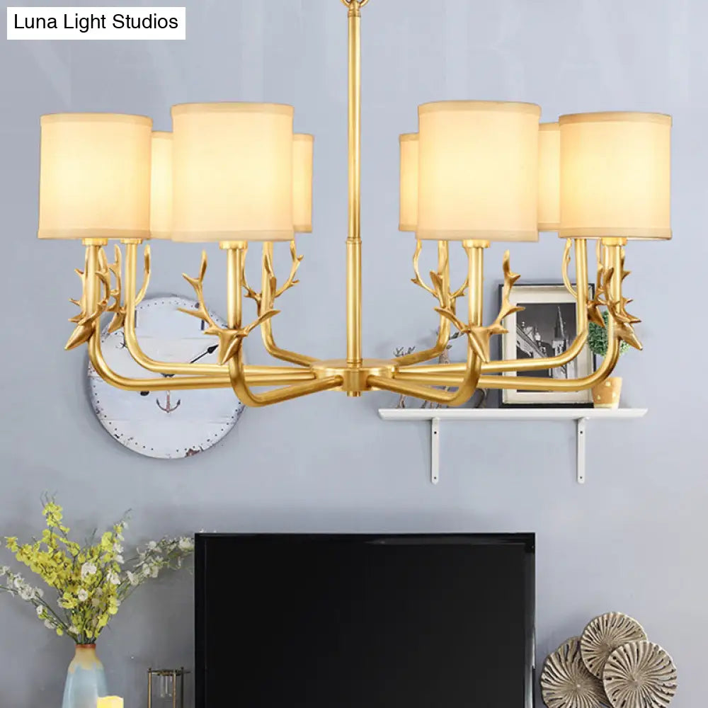 Rustic Antler Ceiling Light With Cylindrical Fabric Shade - Gold Finish 3/6/8 Bulbs