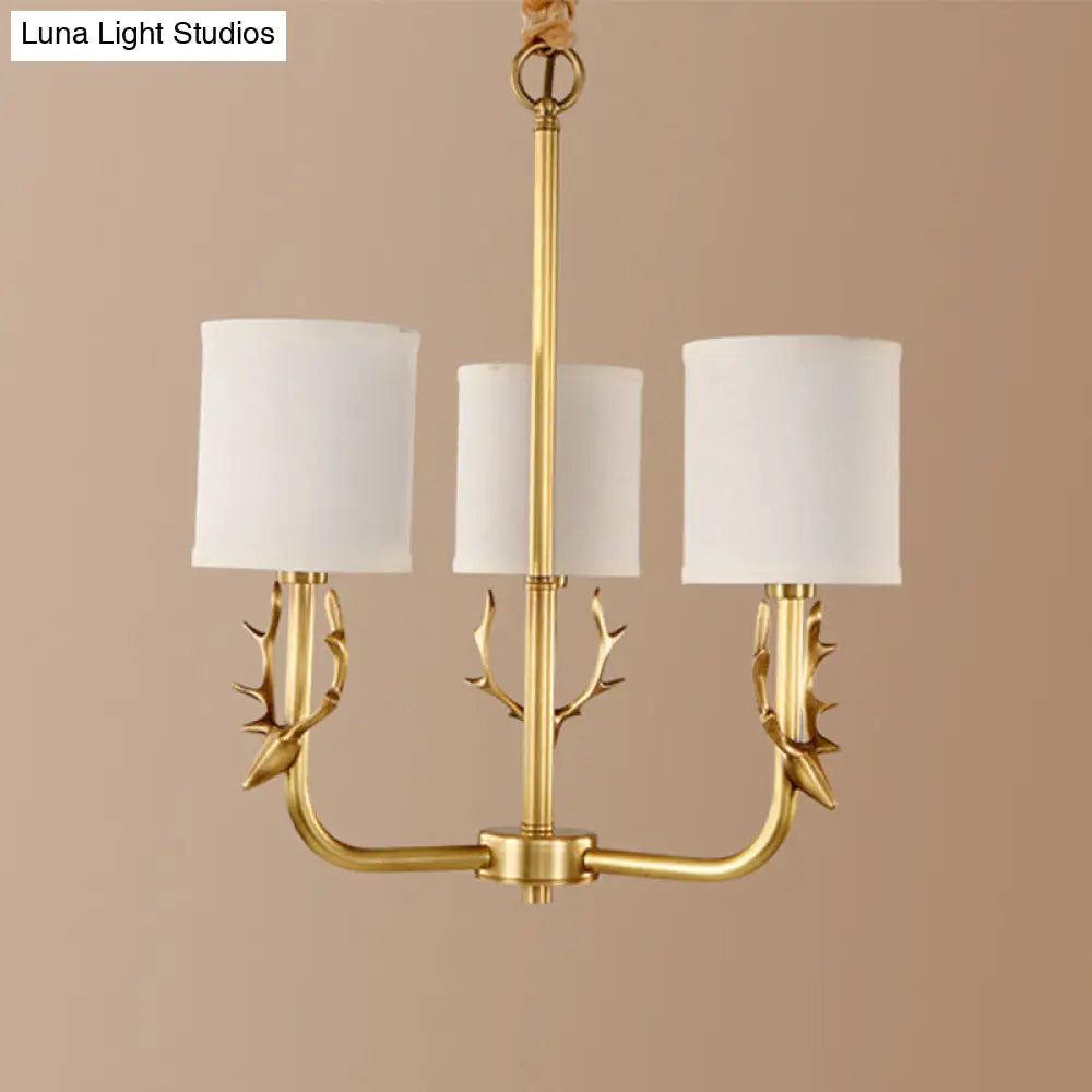 Rustic Antler Ceiling Light With Cylindrical Fabric Shade - Gold Finish 3/6/8 Bulbs