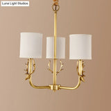 Rustic Antler Ceiling Light With Cylindrical Fabric Shade - Gold Finish 3/6/8 Bulbs