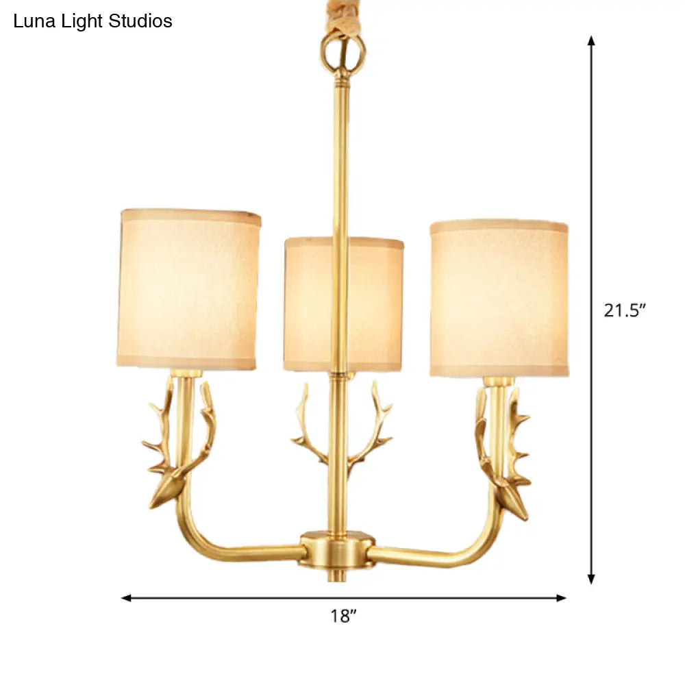 Rustic Antler Ceiling Light With Cylindrical Fabric Shade - Gold Finish 3/6/8 Bulbs