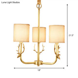 Rustic Antler Ceiling Light With Cylindrical Fabric Shade - Gold Finish 3/6/8 Bulbs
