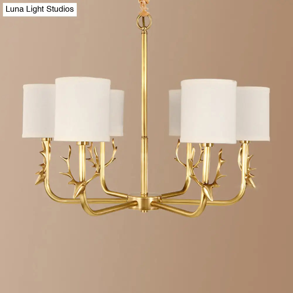 Rustic Antler Ceiling Light With Cylindrical Fabric Shade - Gold Finish 3/6/8 Bulbs