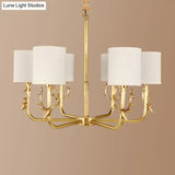 Rustic Antler Ceiling Light With Cylindrical Fabric Shade - Gold Finish 3/6/8 Bulbs