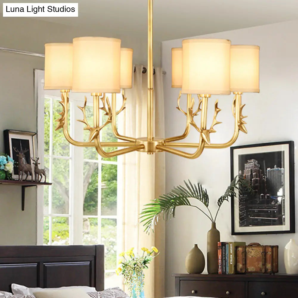 Rustic Antler Ceiling Light With Cylindrical Fabric Shade - Gold Finish 3/6/8 Bulbs