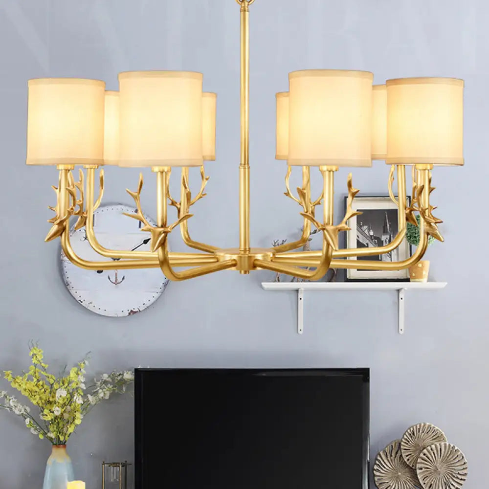 Rustic Antler Ceiling Light With Cylindrical Fabric Shade - Gold Finish 3/6/8 Bulbs 8 /