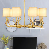 Rustic Antler Ceiling Light With Cylindrical Fabric Shade - Gold Finish 3/6/8 Bulbs 8 /