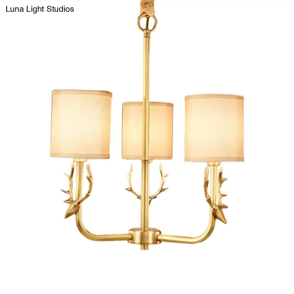 Rustic Antler Ceiling Light With Cylindrical Fabric Shade - Gold Finish 3/6/8 Bulbs