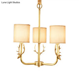 Rustic Antler Ceiling Light With Cylindrical Fabric Shade - Gold Finish 3/6/8 Bulbs