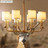 Rustic Antler Ceiling Light With Cylindrical Fabric Shade - Gold Finish 3/6/8 Bulbs