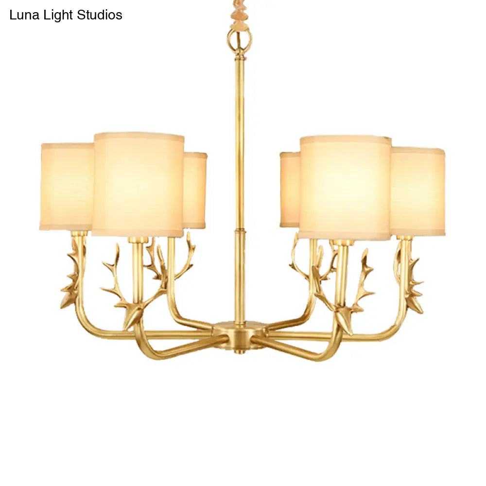 Rustic Antler Ceiling Light With Cylindrical Fabric Shade - Gold Finish 3/6/8 Bulbs