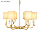Rustic Antler Ceiling Light With Cylindrical Fabric Shade - Gold Finish 3/6/8 Bulbs