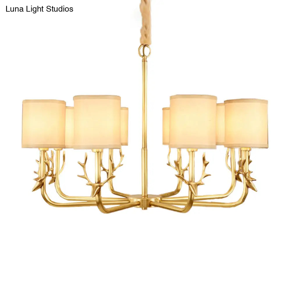 Rustic Antler Ceiling Light With Cylindrical Fabric Shade - Gold Finish 3/6/8 Bulbs