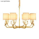 Rustic Antler Ceiling Light With Cylindrical Fabric Shade - Gold Finish 3/6/8 Bulbs