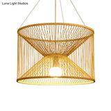 Rustic Bamboo Hourglass Pendant Lamp With Wood Accent - Ideal For Living Room Ceiling Lighting