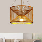 Rustic Bamboo Hourglass Pendant Lamp With Wood Accent - Ideal For Living Room Ceiling Lighting