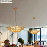 Rustic Bamboo Nest Pendant Light: Beige Chandelier With 3-Bulb Egg Ivory Glass Shade