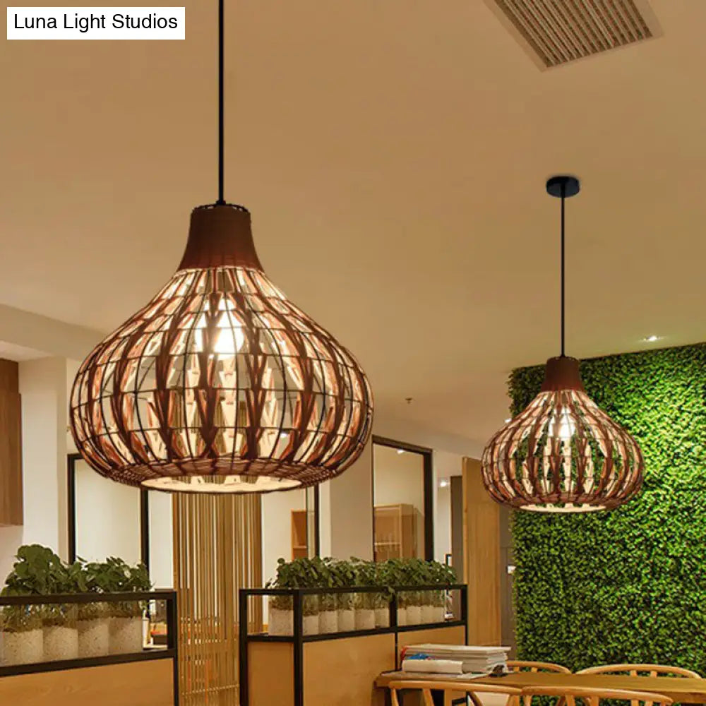 Rustic Bamboo Pendant Light: Pear-Shaped Suspended Lighting For Restaurant Wood Finish
