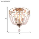 Rustic Basket 3-Light Crystal Strand Semi Flush Ceiling Mount In Gold - Bedroom Lighting