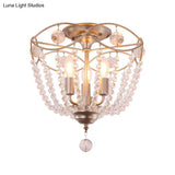 Rustic Basket 3-Light Crystal Strand Semi Flush Ceiling Mount In Gold - Bedroom Lighting
