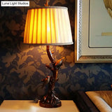 Rustic Beige Drum Bedroom Reading Lamp - 1-Light Fabric Desk Light With Tree And Birds