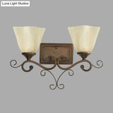 Rustic Beige Glass Bell Shaped Wall Lamp With Dual Heads - Brown Bedroom Light Fixture