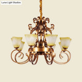 Rustic Beige Glass Chandelier: 6/9-Head Pendant Light In Brass With Swooping Arm