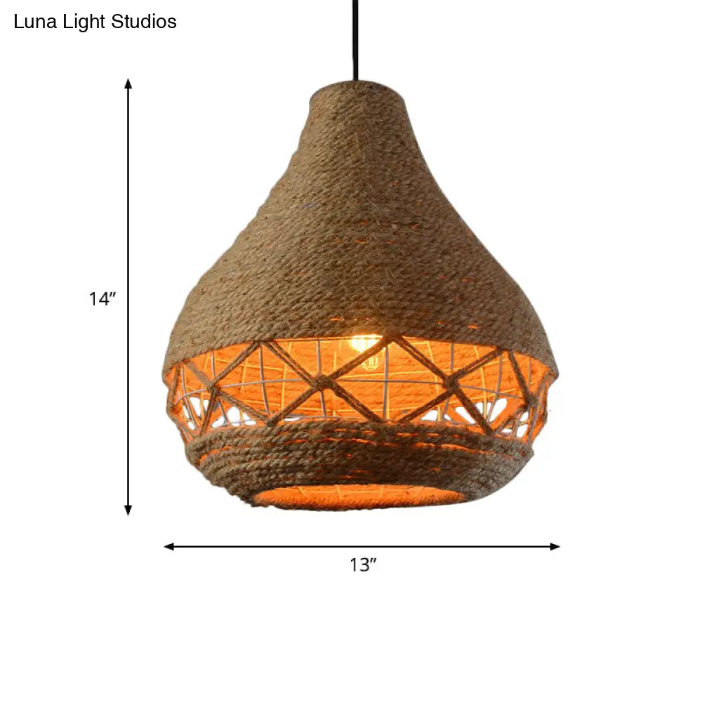 Rustic Beige Teardrop Rope Pendant Lamp - 1-Bulb Ceiling Hanging Light For Restaurants