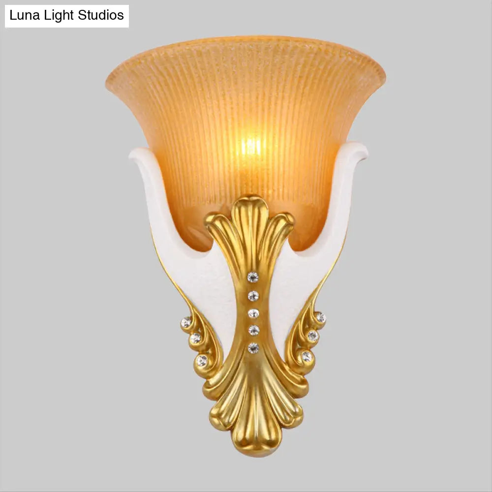 Rustic Bell Shaped Wall Sconce Lighting With Fluted Glass For Bedroom