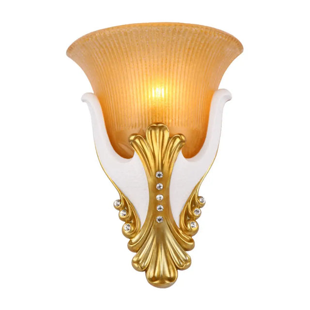 Rustic Bell Shaped Wall Sconce Lighting With Fluted Glass For Bedroom