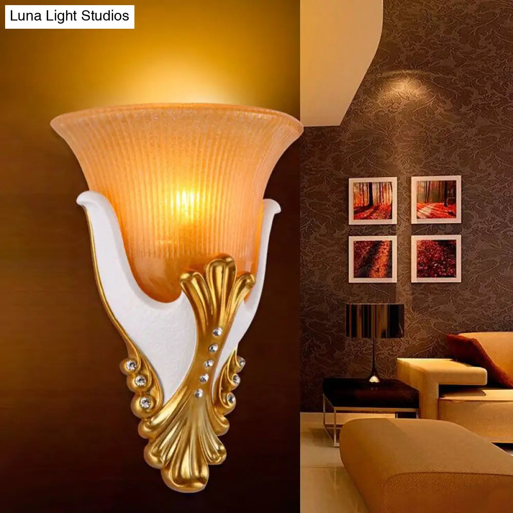 Rustic Bell Shaped Wall Sconce Lighting With Fluted Glass For Bedroom
