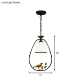 Rustic Bell White Glass Pendant Light With Bird Decoration 1-Bulb Metal Lamp In Black