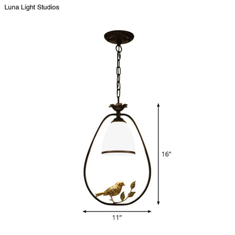 Rustic Bell White Glass Pendant Light With Bird Decoration 1-Bulb Metal Lamp In Black