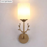 Rustic Black/Brass Wall Mounted Lamp With Rural White Glass Cylinder For Living Room