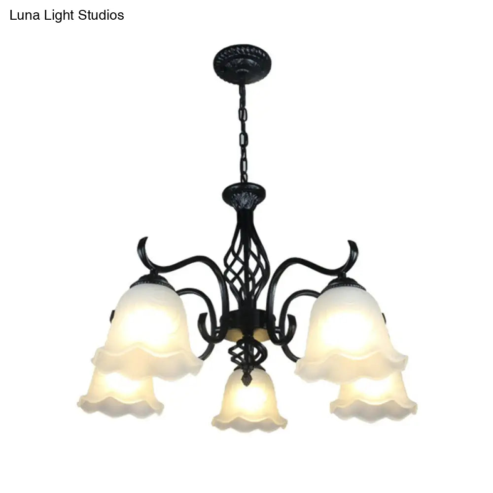 Rustic Black Chandelier Ceiling Light With Cream Glass Bell Shades For Bedroom
