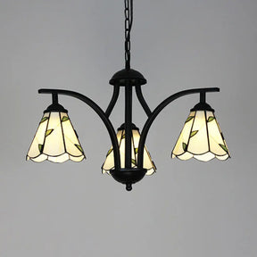 Rustic Black Chandelier Lighting With Blue/Green Leaf Design - 3 Lights 16’’ Metal Chain Hang