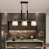 Rustic Black Cylindrical Island Pendant With 3 Lights & Prismatic Crystal Ideal For Tables