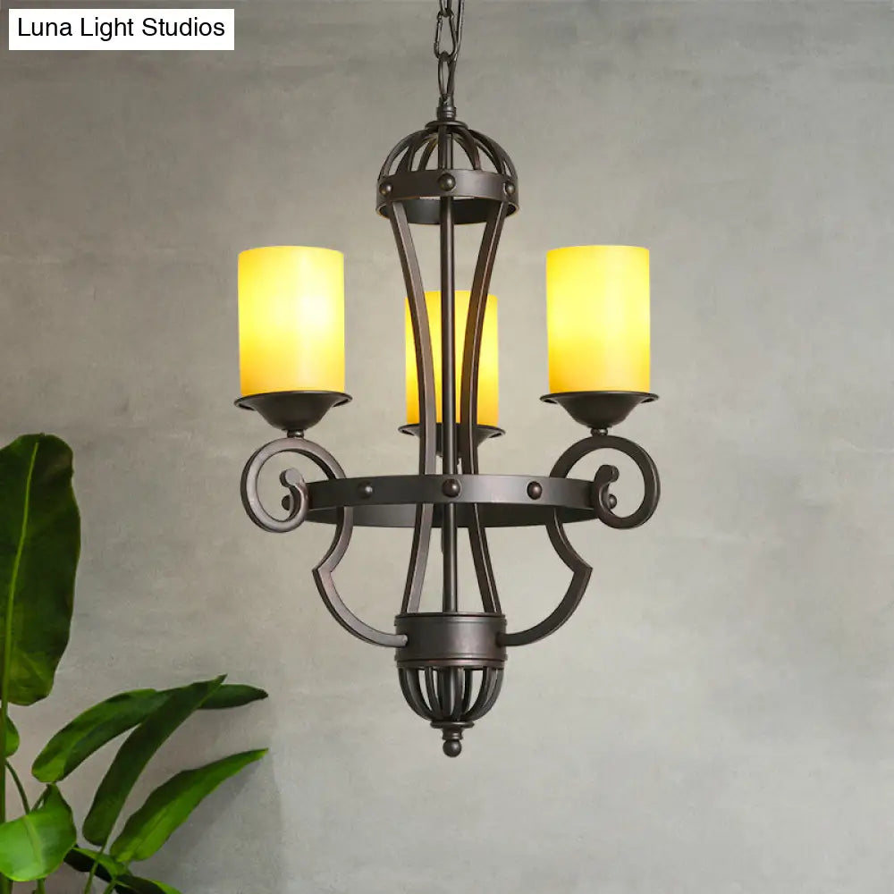 Rustic Black Dining Room Chandelier With Yellow Cylinder Glass Shade - 3-Lights Hanging Fixture
