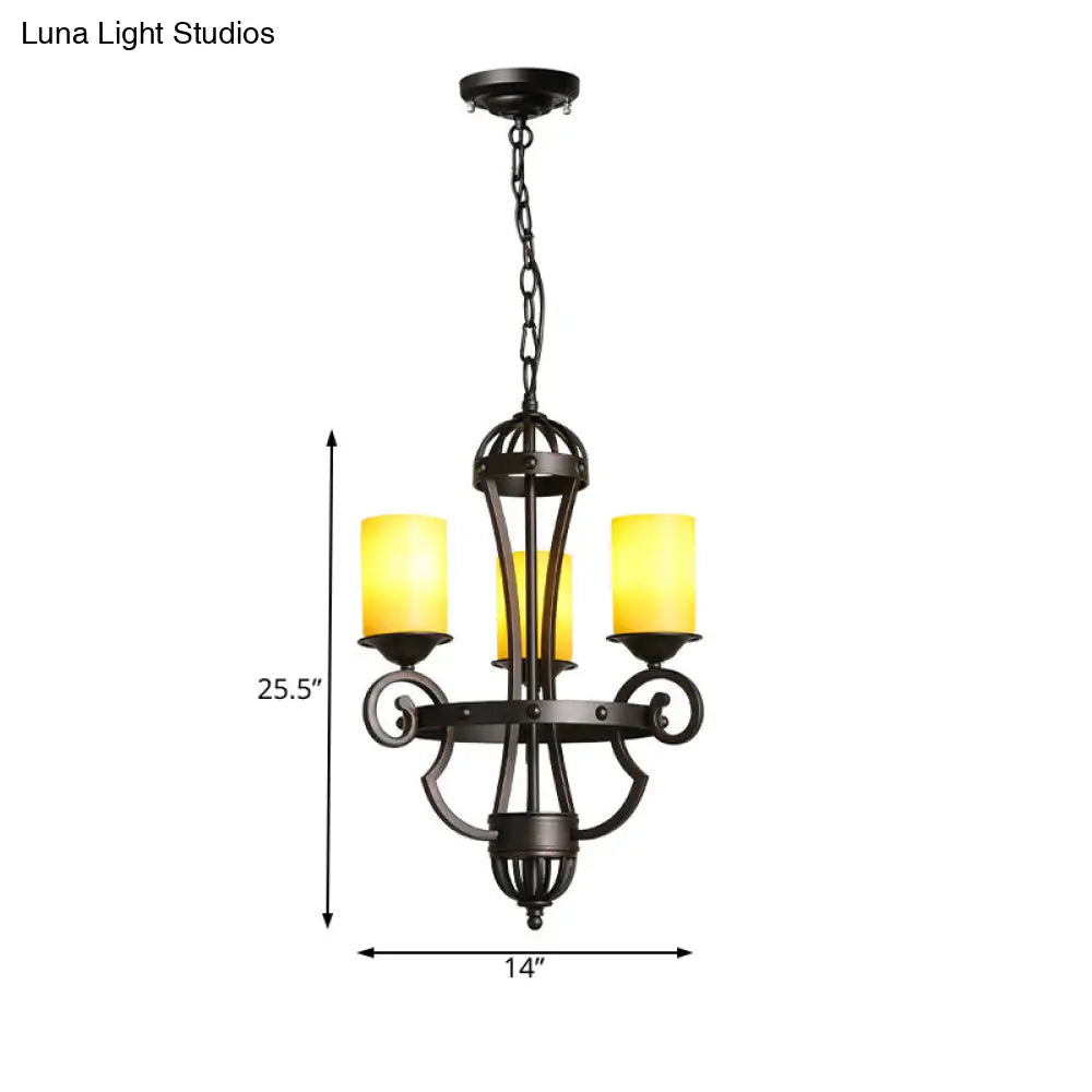 Rustic Black Dining Room Chandelier With Yellow Cylinder Glass Shade - 3-Lights Hanging Fixture