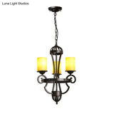 Rustic Black Dining Room Chandelier With Yellow Cylinder Glass Shade - 3-Lights Hanging Fixture