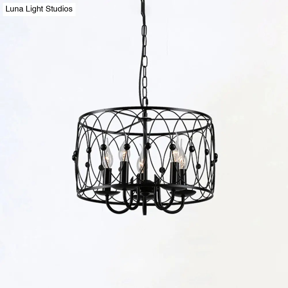 Rustic Black Drum Chandelier - 6-Head Metal Pendant Ceiling Light For Living Room Candle Design
