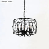 Rustic Black Drum Chandelier - 6-Head Metal Pendant Ceiling Light For Living Room Candle Design