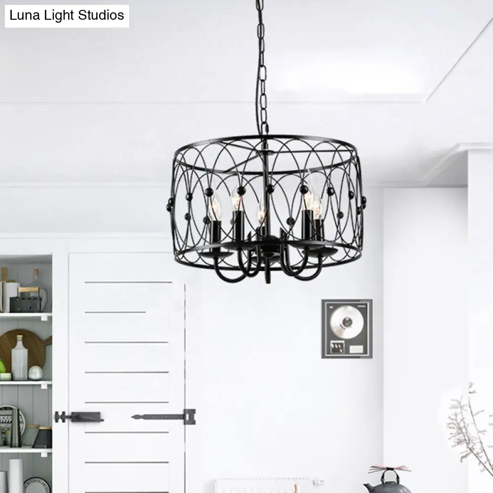 Rustic Black Drum Chandelier - 6-Head Metal Pendant Ceiling Light For Living Room Candle Design
