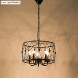 Rustic Black Drum Chandelier - 6-Head Metal Pendant Ceiling Light For Living Room Candle Design