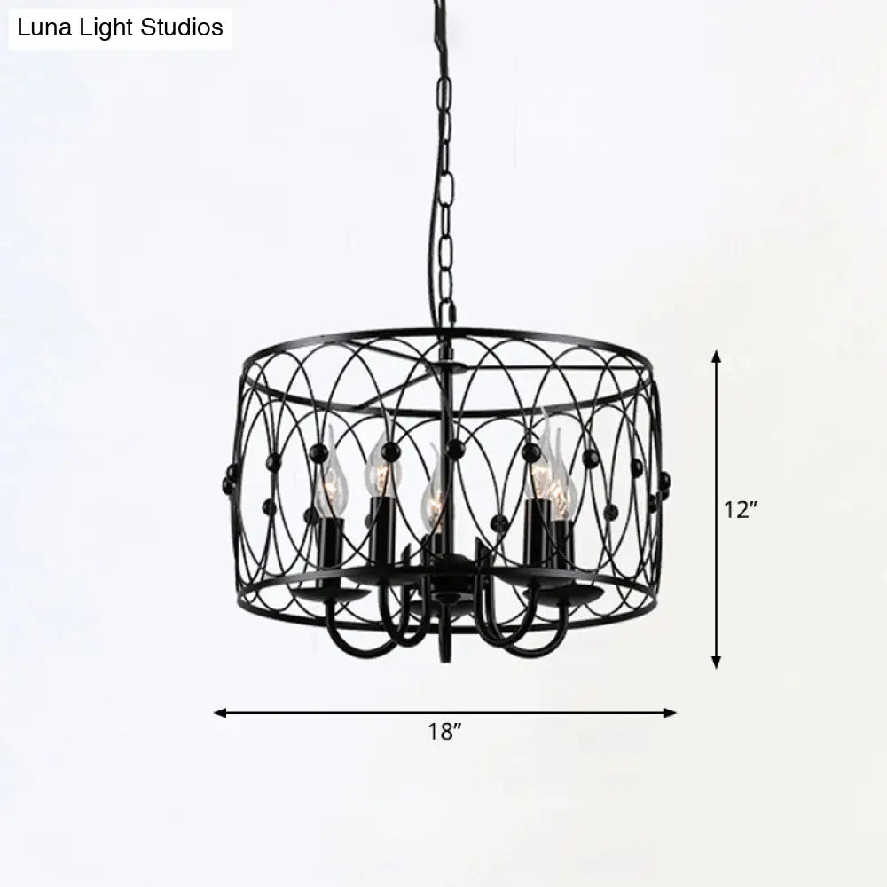 Rustic Black Drum Chandelier - 6-Head Metal Pendant Ceiling Light For Living Room Candle Design