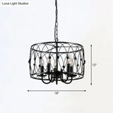 Rustic Black Drum Chandelier - 6-Head Metal Pendant Ceiling Light For Living Room Candle Design