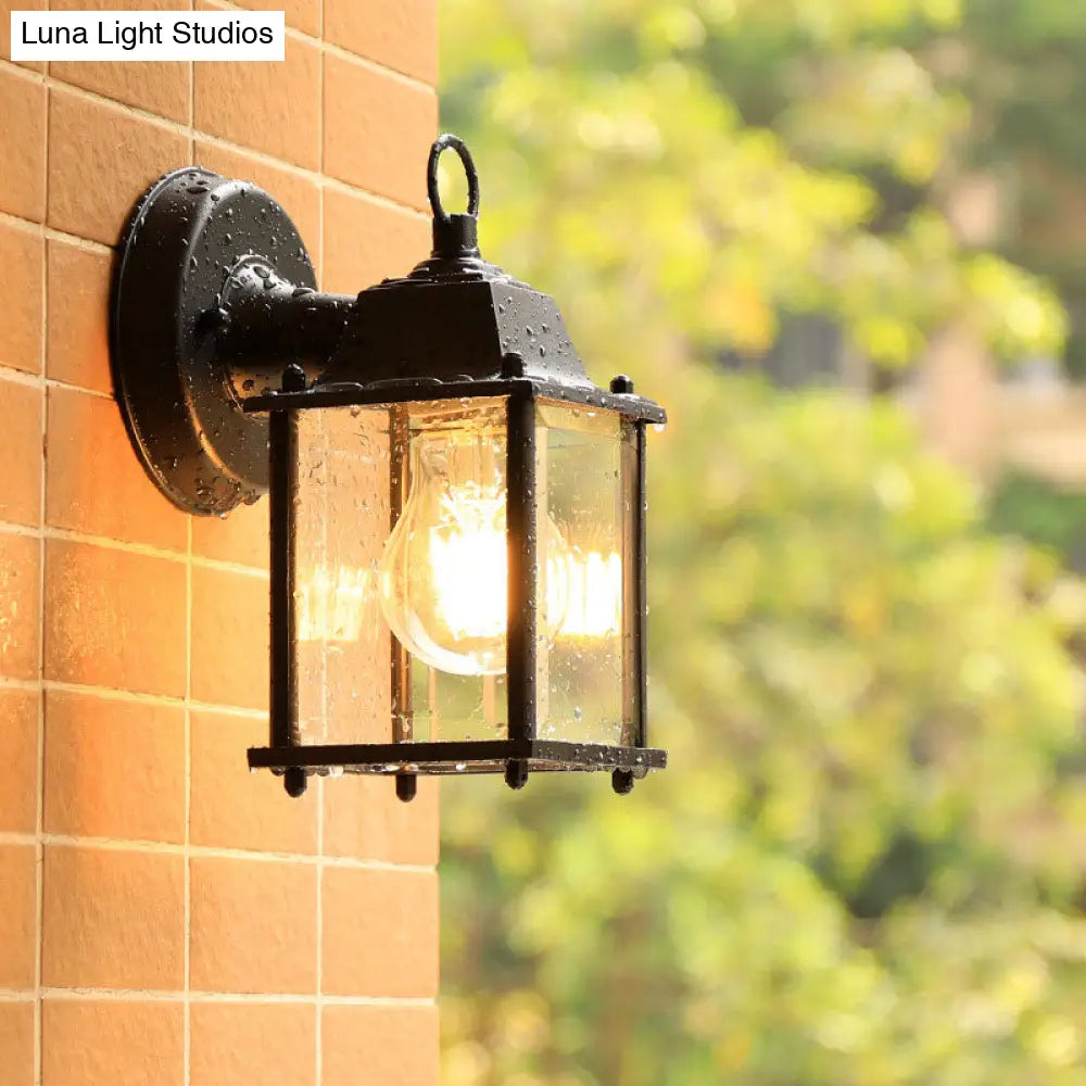 Rustic Black Glass Rectangle Wall Sconce - Courtyard Light Fixture (1 Bulb)