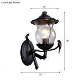 Rustic Black Gourd Shaped Garden Wall Lamp - 1-Light Seedy Glass Lantern Sconce With Charming Bird