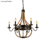 Rustic Black Metal Candelabra Pendant Chandelier - 6-Light Rope Hanging Ceiling Light With