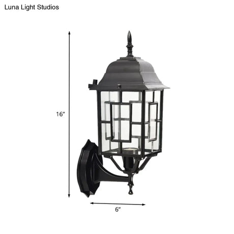 Rustic Black Metal Pavilion Sconce With Clear Glass Shade - Garden Wall Lighting Idea