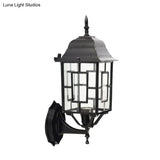 Rustic Black Metal Pavilion Sconce With Clear Glass Shade - Garden Wall Lighting Idea